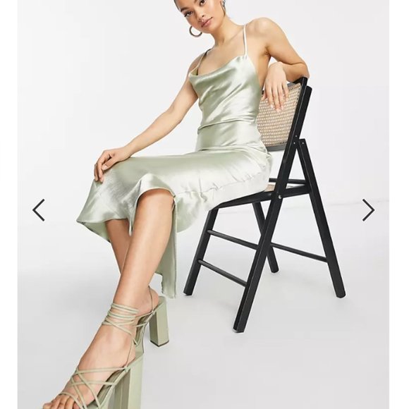 ASOS Petite Bridesmaid cami maxi slip dress in hi-shine satin lace up back sage - Picture 6 of 8